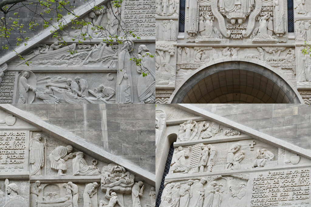 Détail du tympan sculpté d'Henri Bouchard restauré